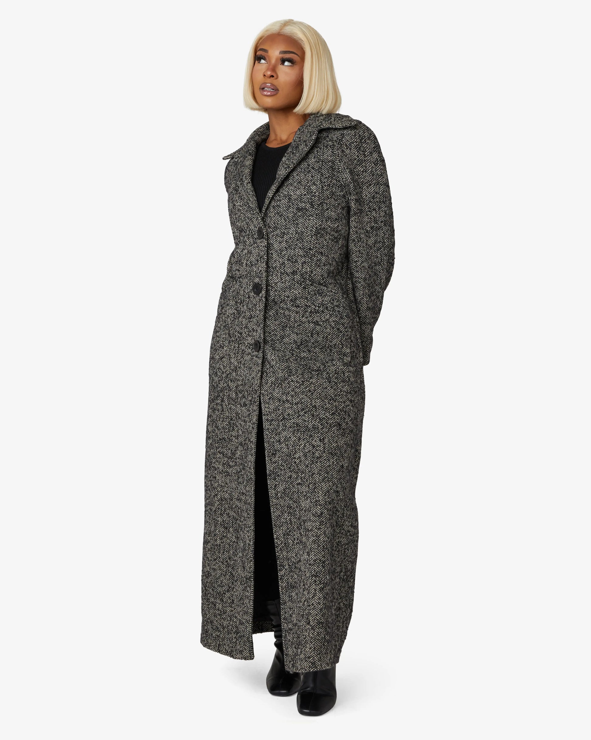 Herringbone Design Single Breasted Longline Coat (1204-HB) De La Creme