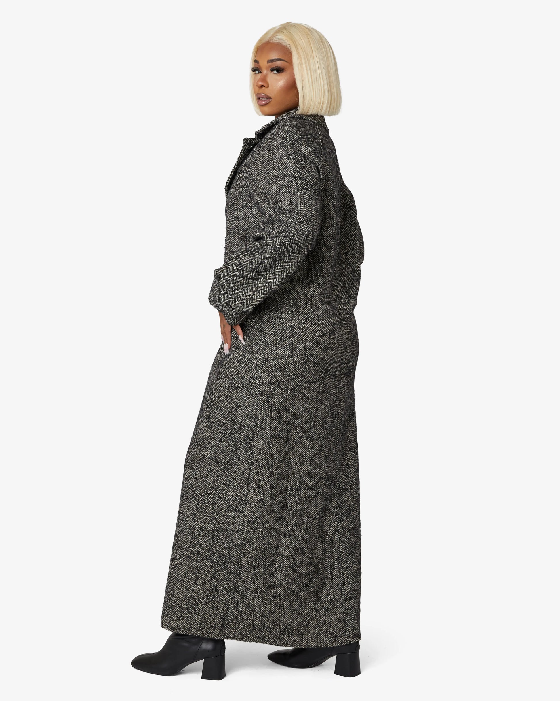 Herringbone Design Single Breasted Longline Coat (1204-HB) De La Creme