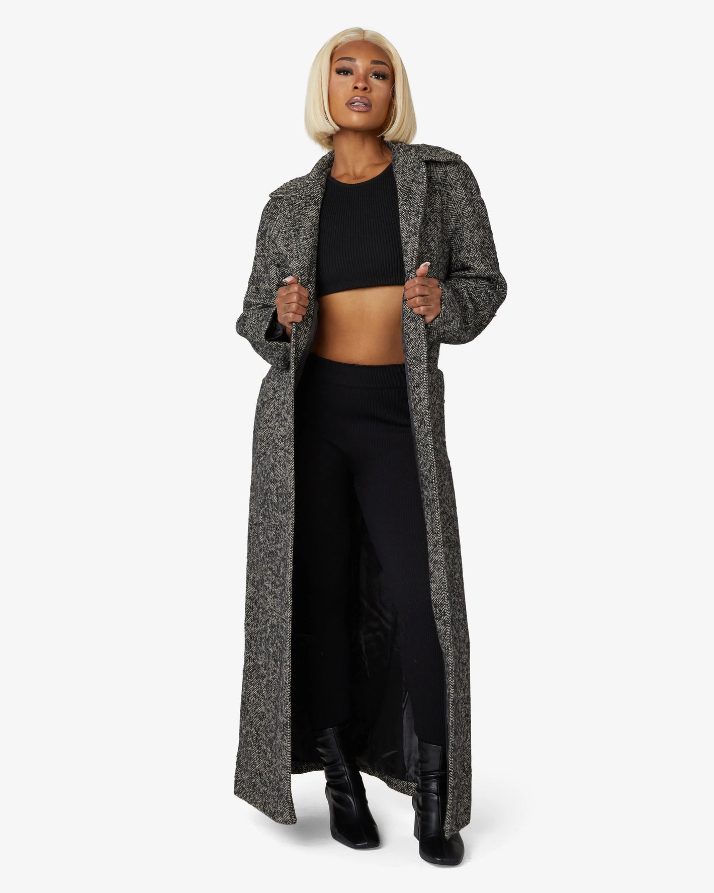 Herringbone Design Single Breasted Longline Coat (1204-HB) De La Creme