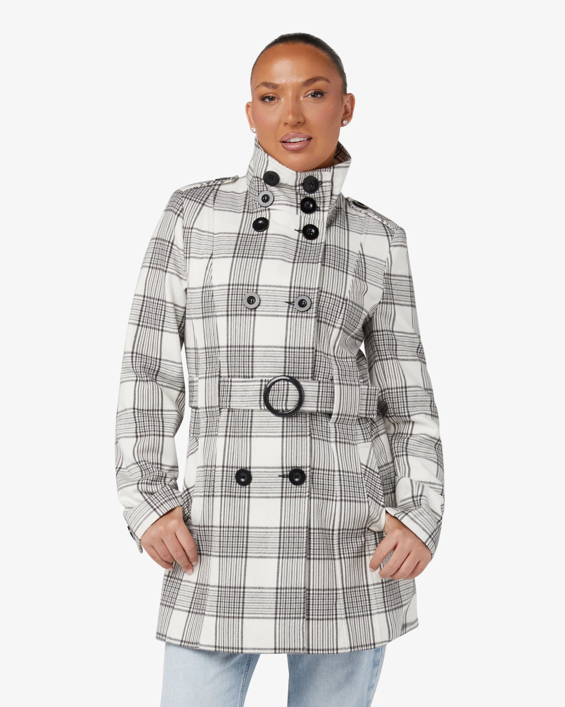 Check Design Military Style High Neck Belted Coat (1226-CHECK) De La Creme