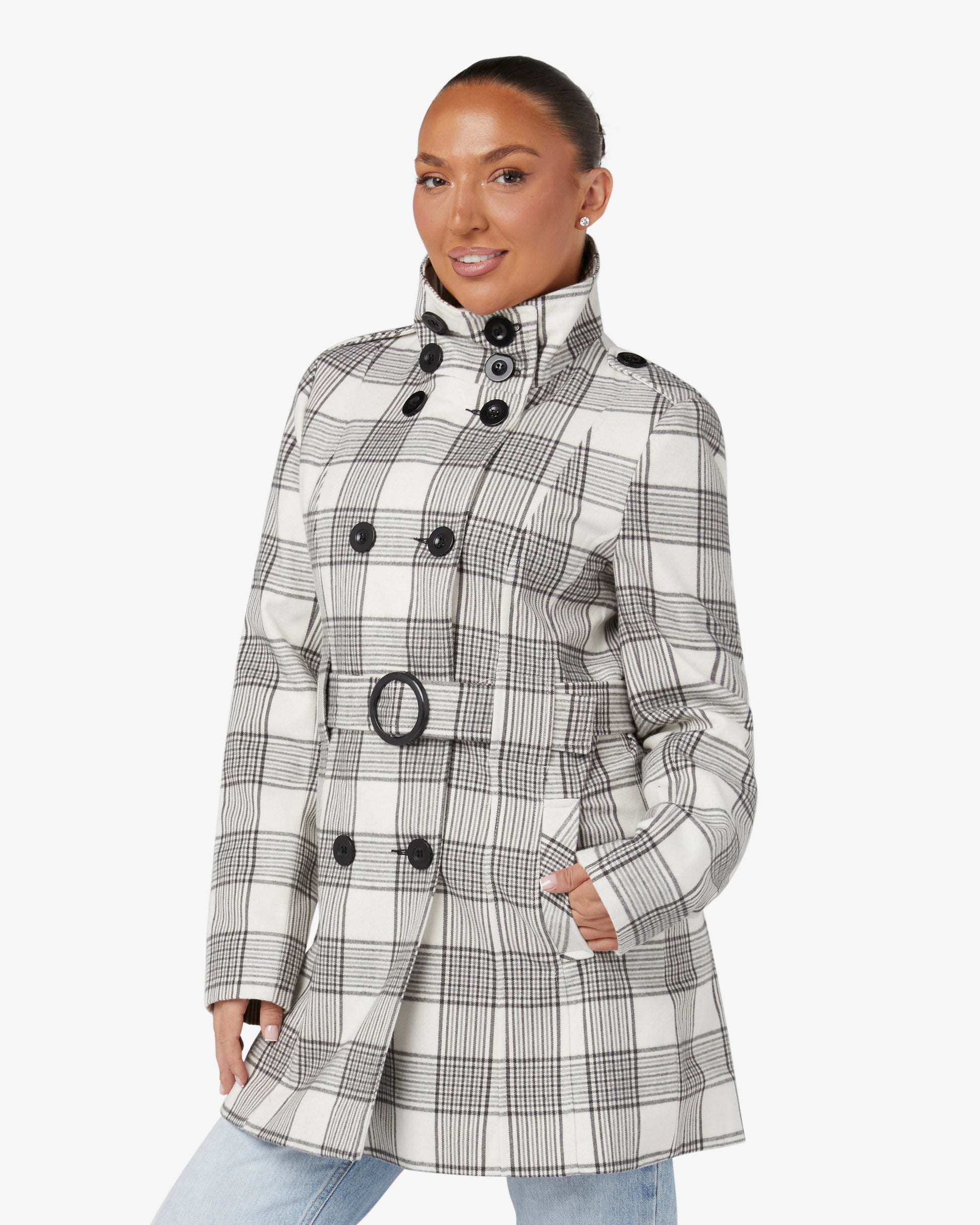 Check Design Military Style High Neck Belted Coat (1226-CHECK) De La Creme
