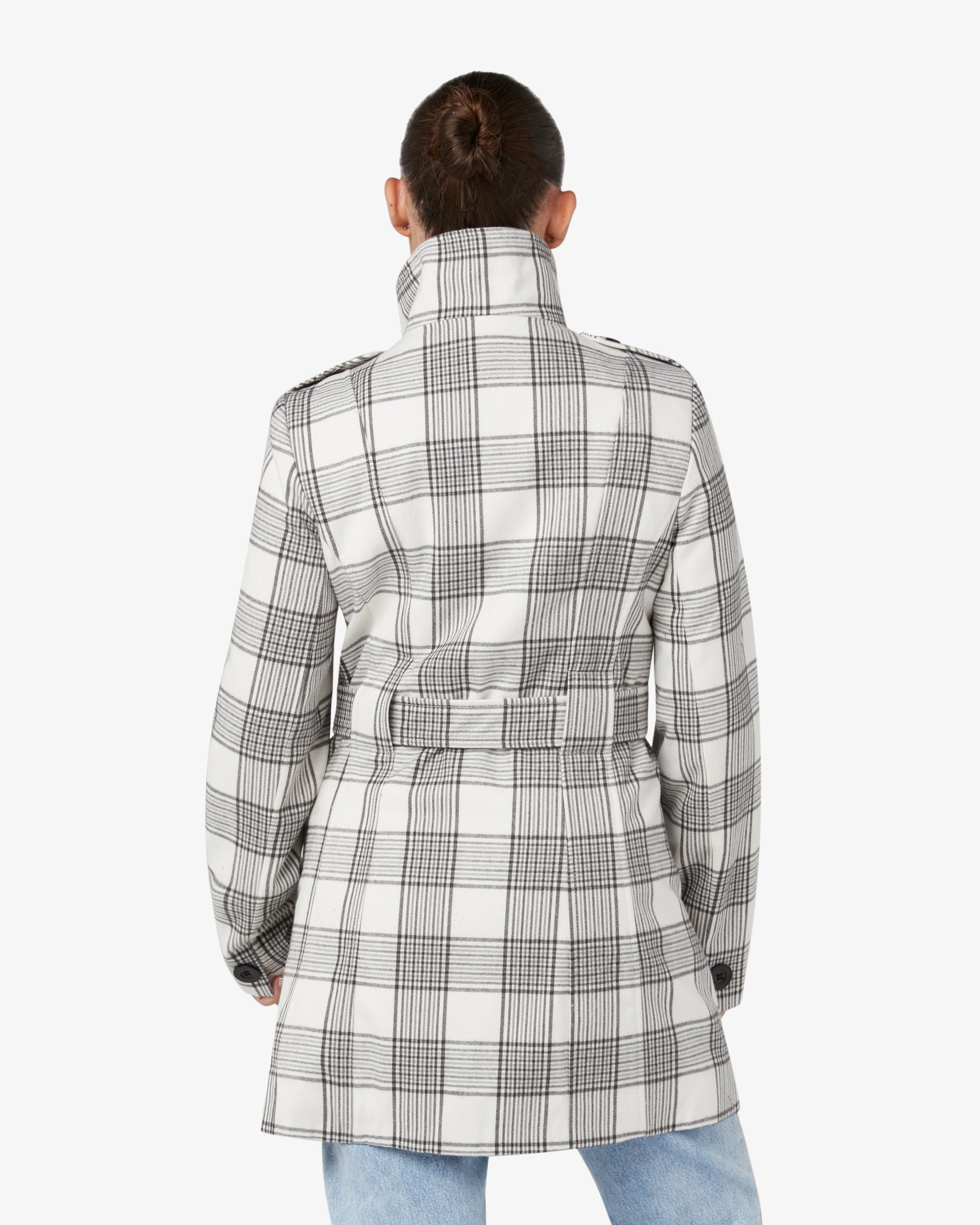 Check Design Military Style High Neck Belted Coat (1226-CHECK) De La Creme