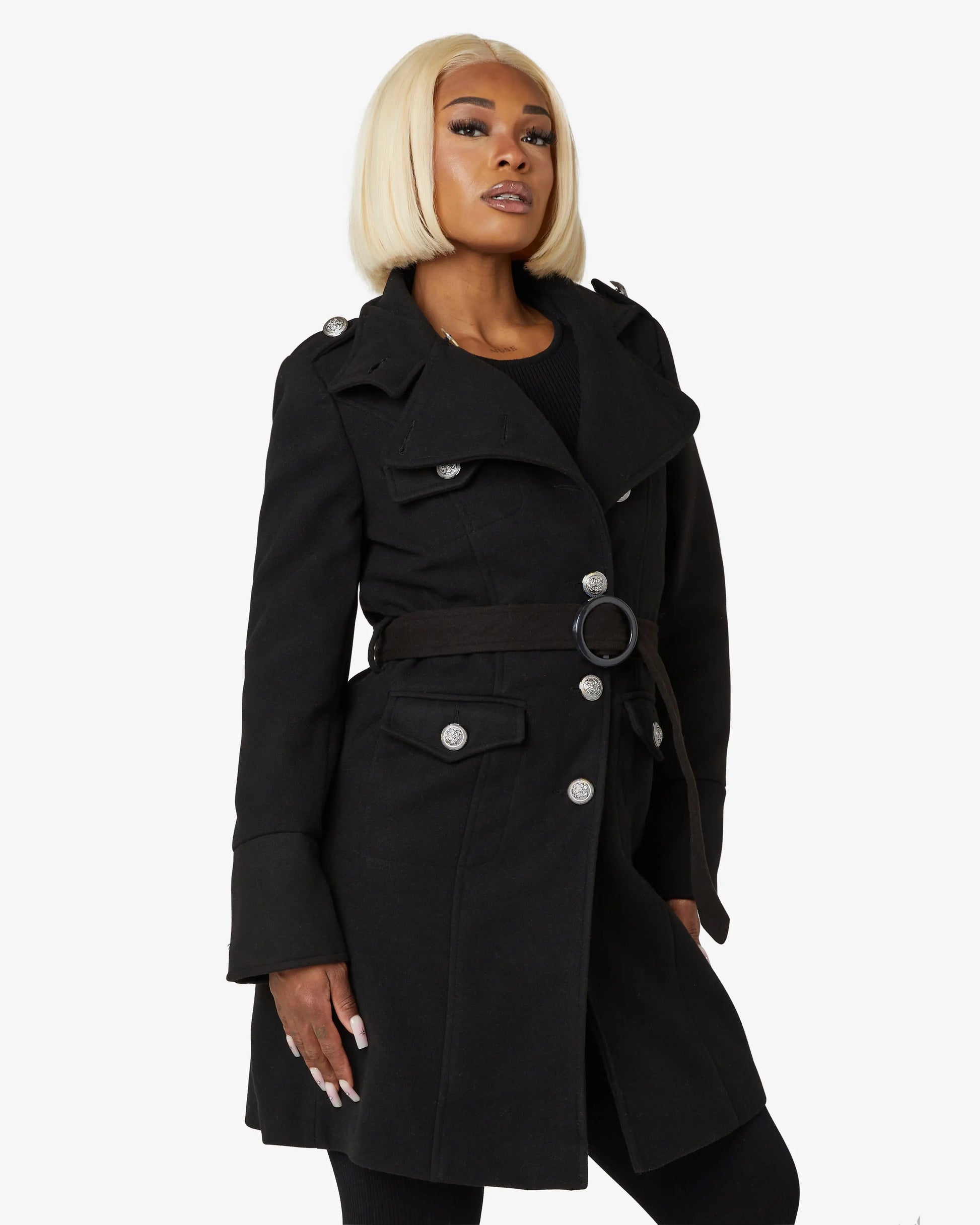High Neck Belted Military Style Coat (1502) De La Creme