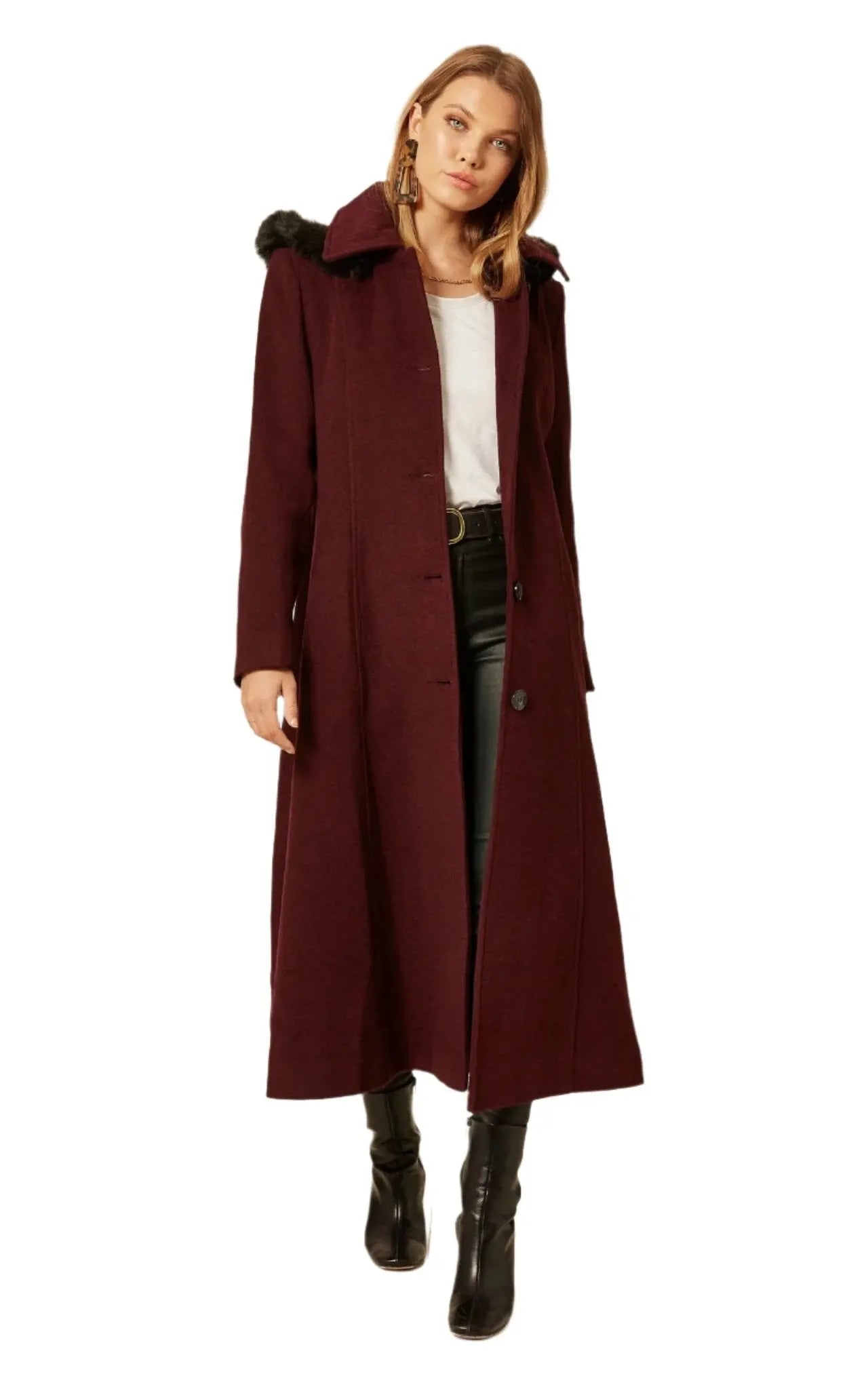 Wool Blend Faux Fur Trim Hooded Long Coat De La Creme