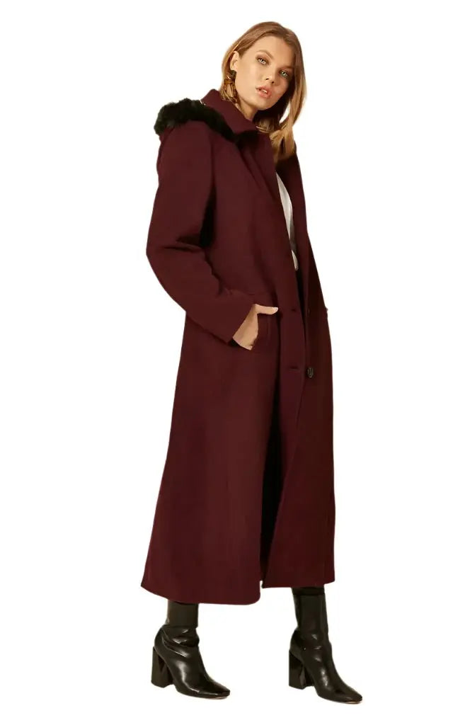 Wool Blend Faux Fur Trim Hooded Long Coat De La Creme