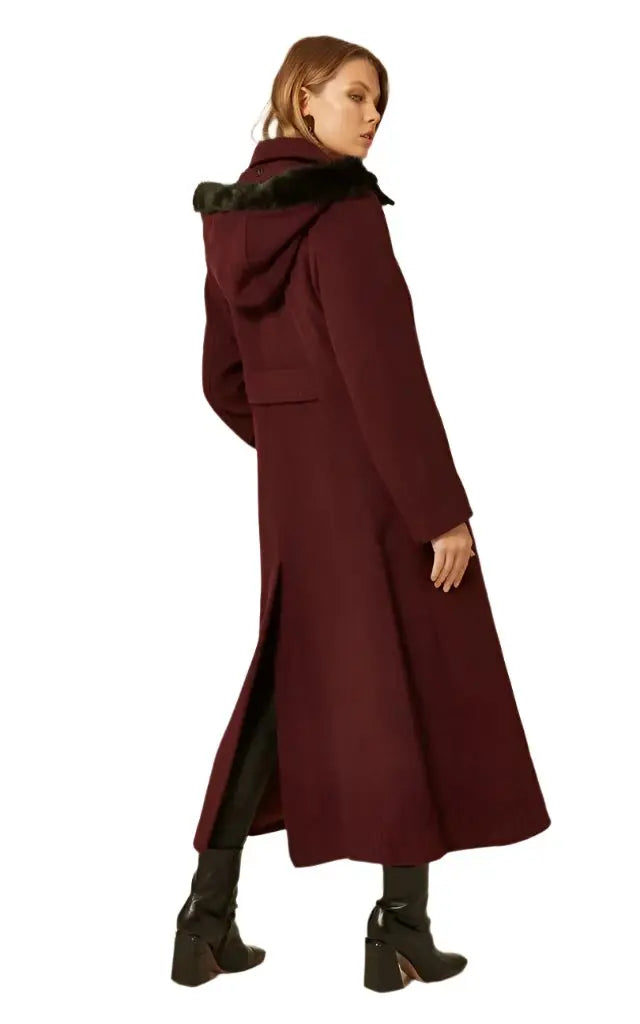 Wool Blend Faux Fur Trim Hooded Long Coat De La Creme