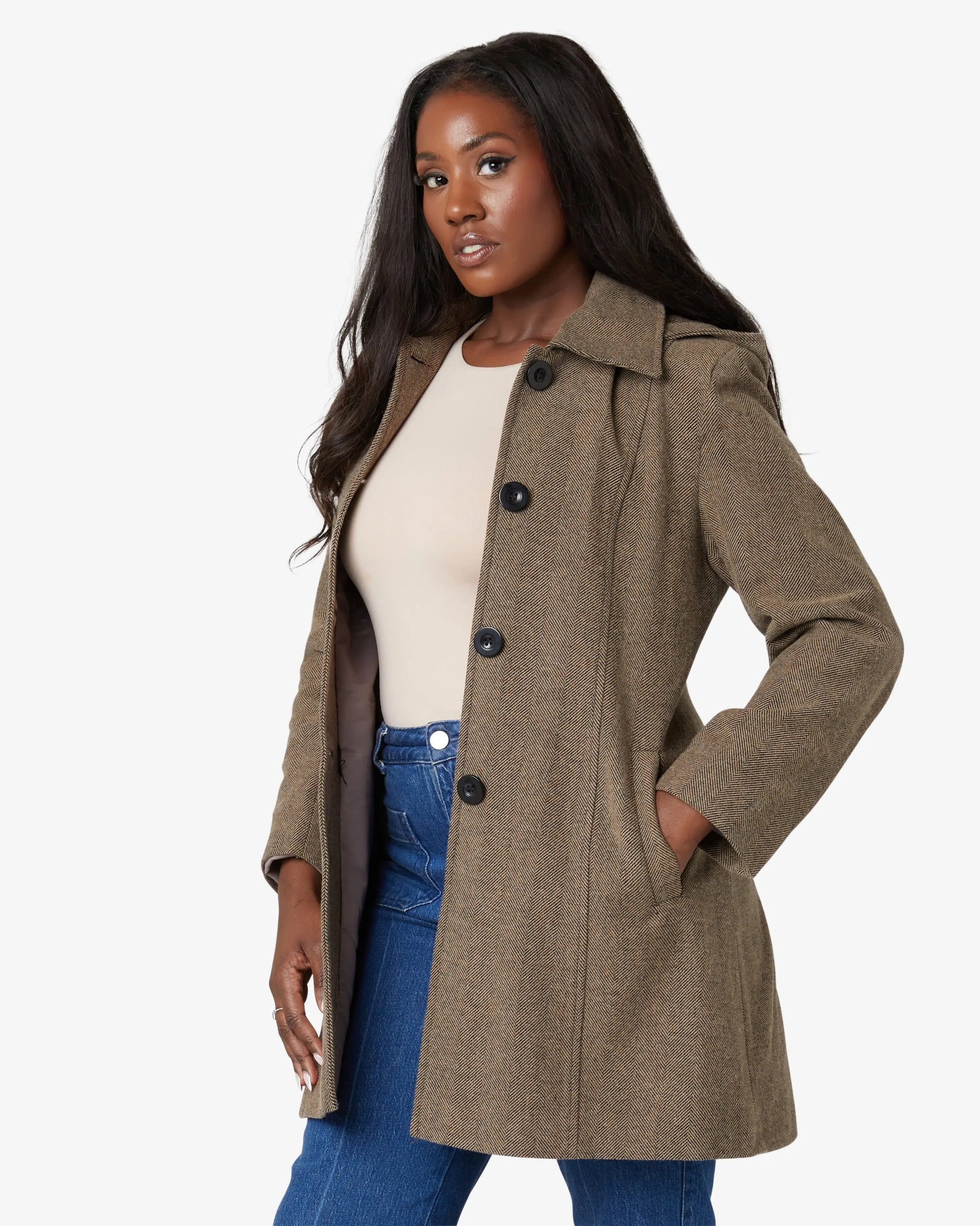 De La Creme - Womens Herringbone Blend Button Up Coat (2002-HB) De La Creme