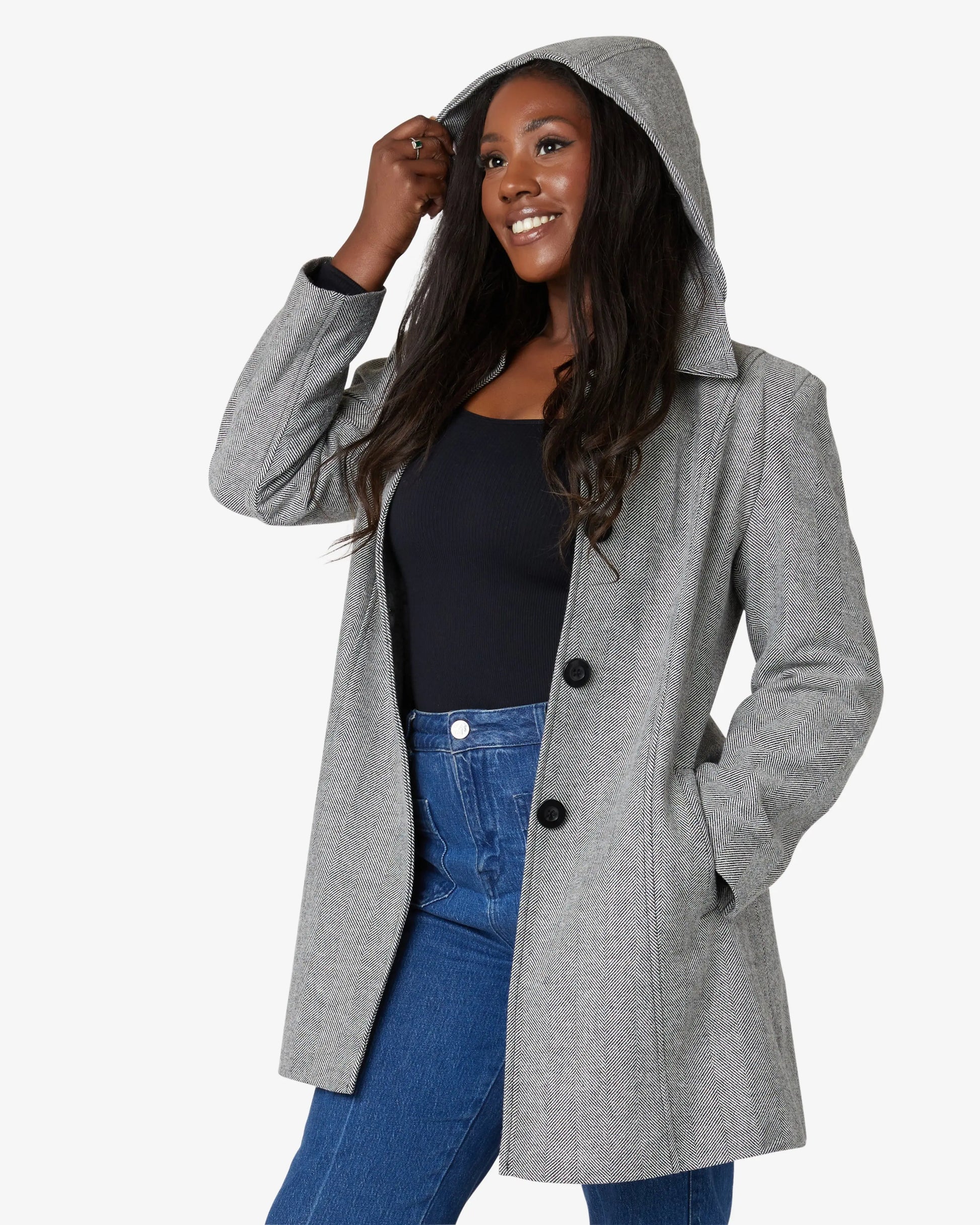 De La Creme - Womens Herringbone Blend Button Up Coat (2002-HB) De La Creme