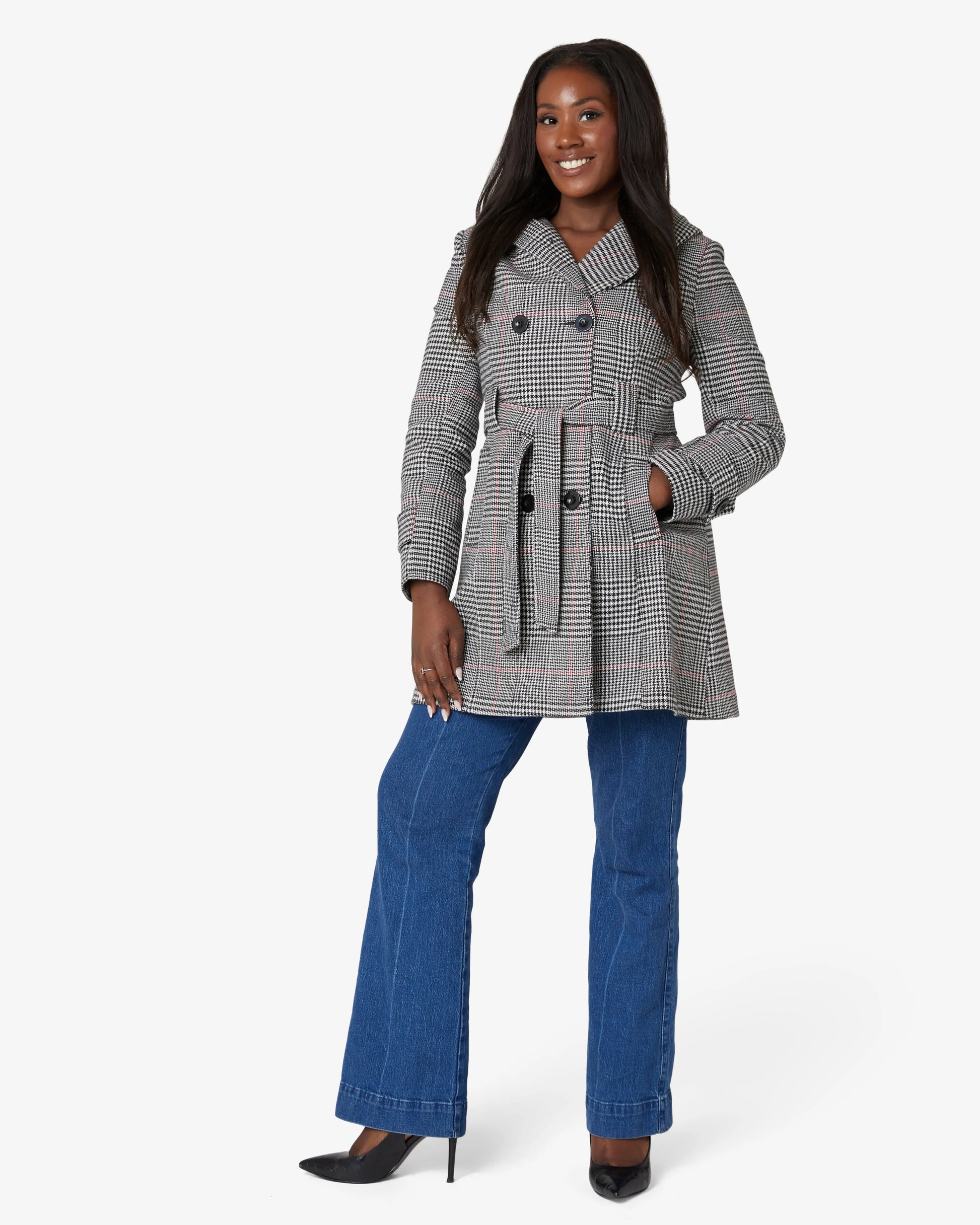 Wool Blend Check Slim Fit Shawl Hooded Coat (1325-CHECK) De La Creme