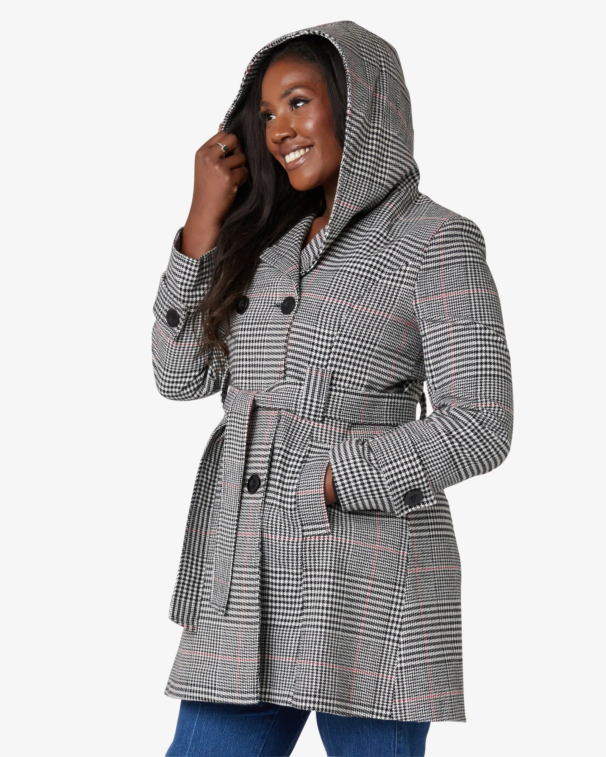 Wool Blend Check Slim Fit Shawl Hooded Coat (1325-CHECK) De La Creme