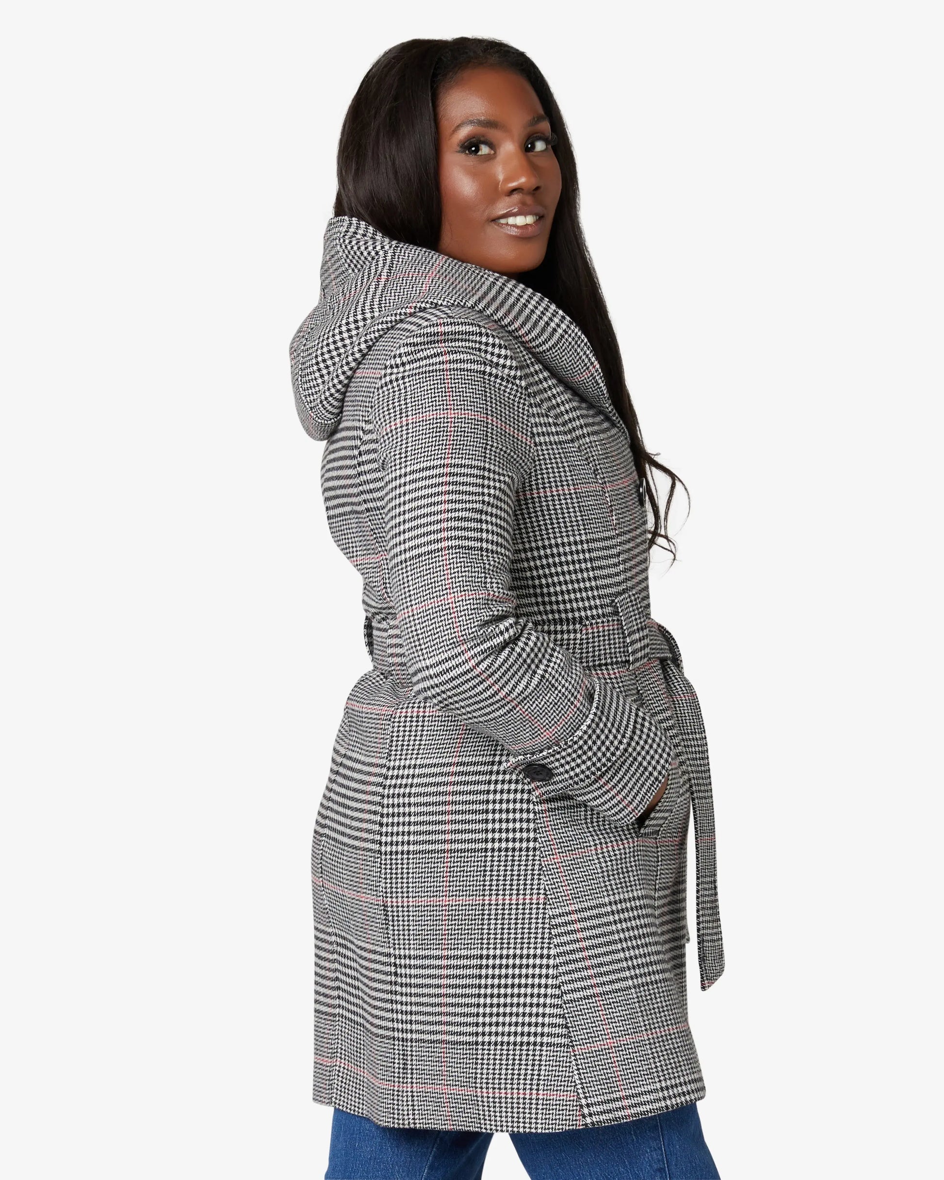Wool Blend Check Slim Fit Shawl Hooded Coat (1325-CHECK) De La Creme