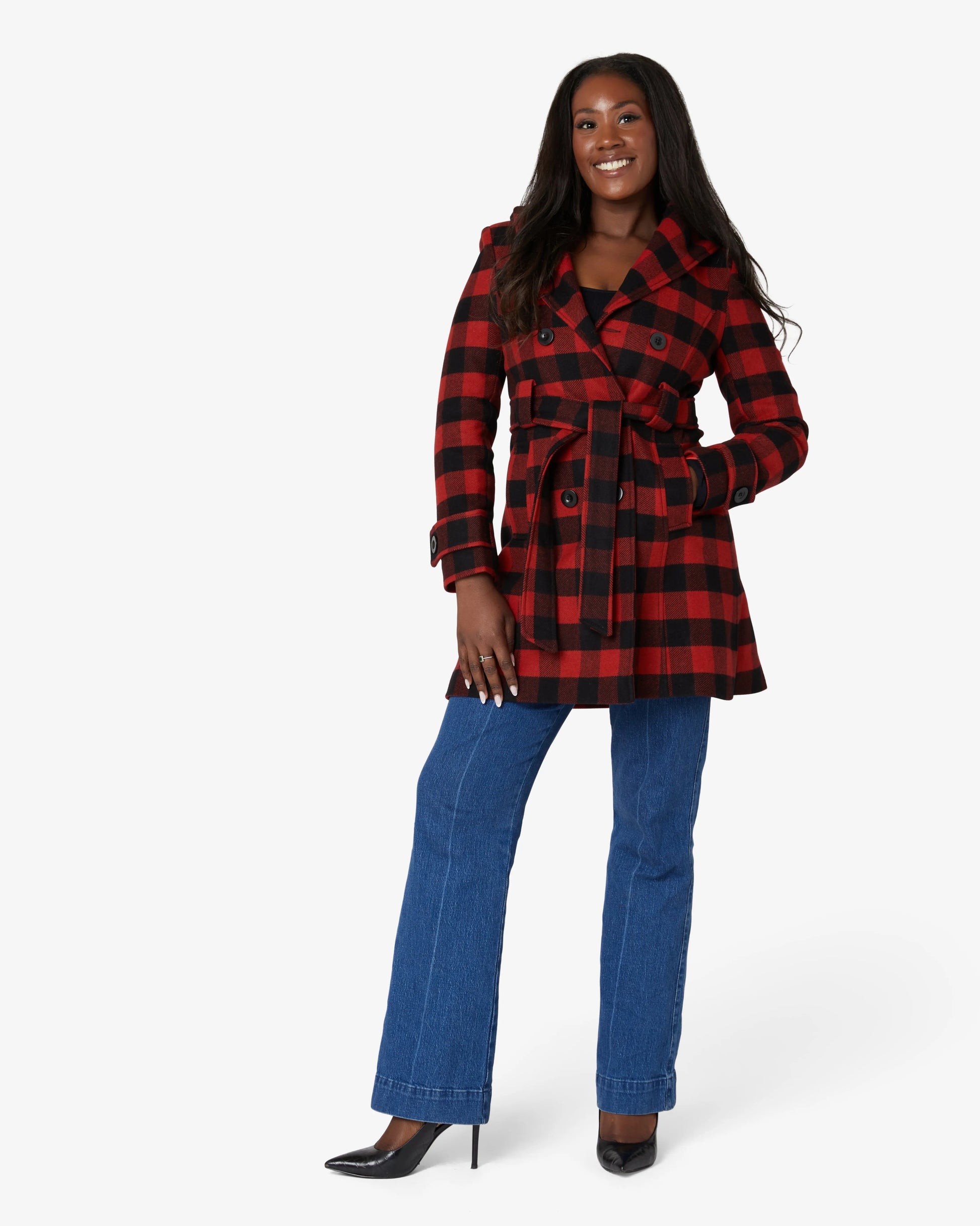 Wool Blend Check Slim Fit Shawl Hooded Coat (1325-CHECK) De La Creme