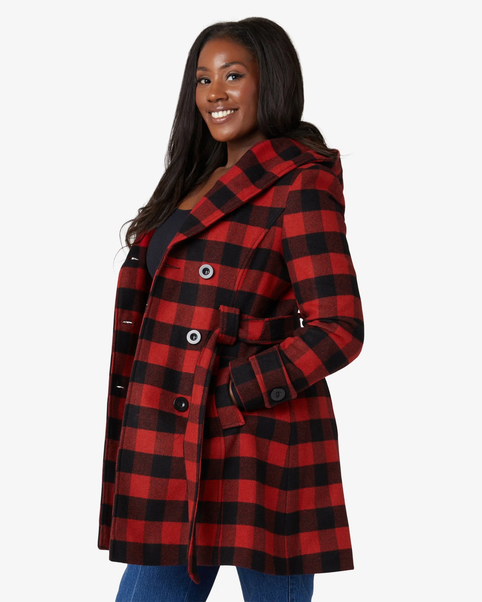 Wool Blend Check Slim Fit Shawl Hooded Coat (1325-CHECK) De La Creme