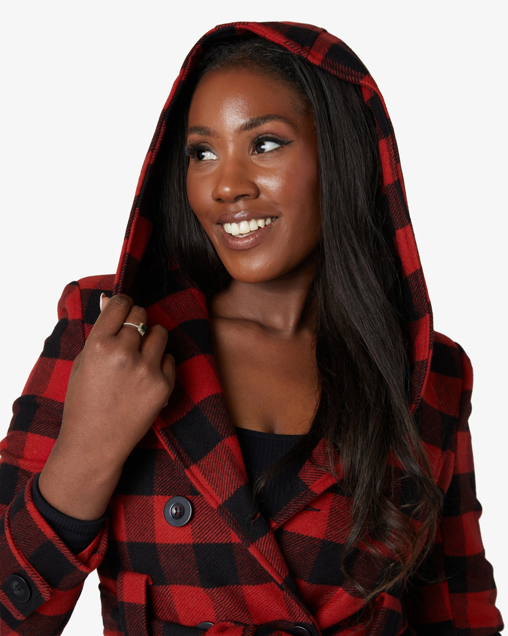 Wool Blend Check Slim Fit Shawl Hooded Coat (1325-CHECK) De La Creme