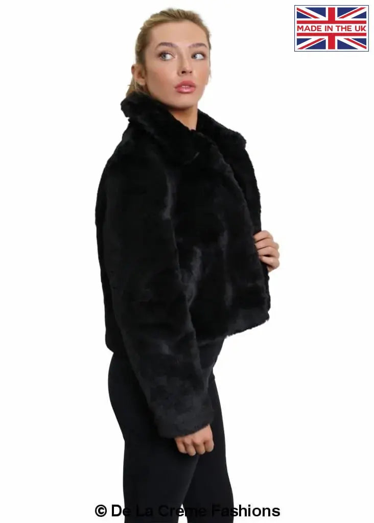 De La Creme - Womens Faux Fur Cropped Aviator Bomber