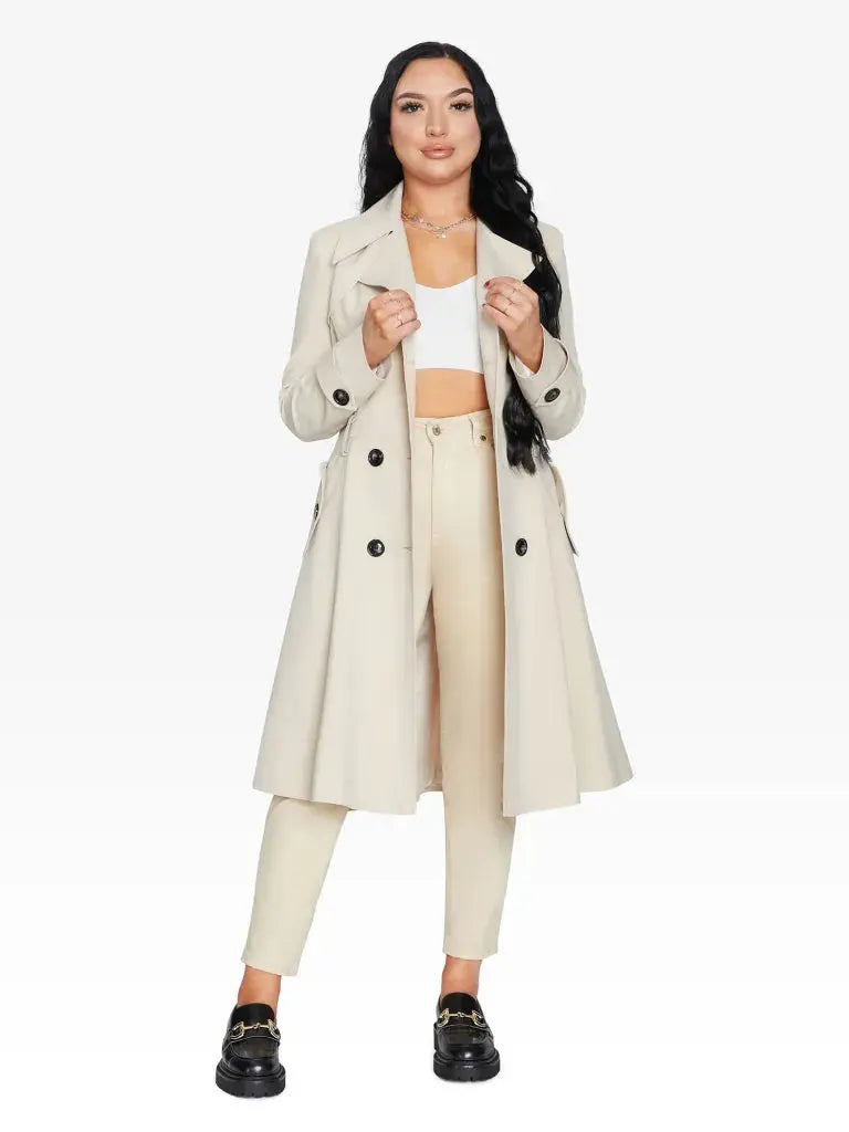 Spring/summer Double Breasted Trench Mac Coat (1201-Sp) Stone / Uk 8/eu 36/us 4/xs