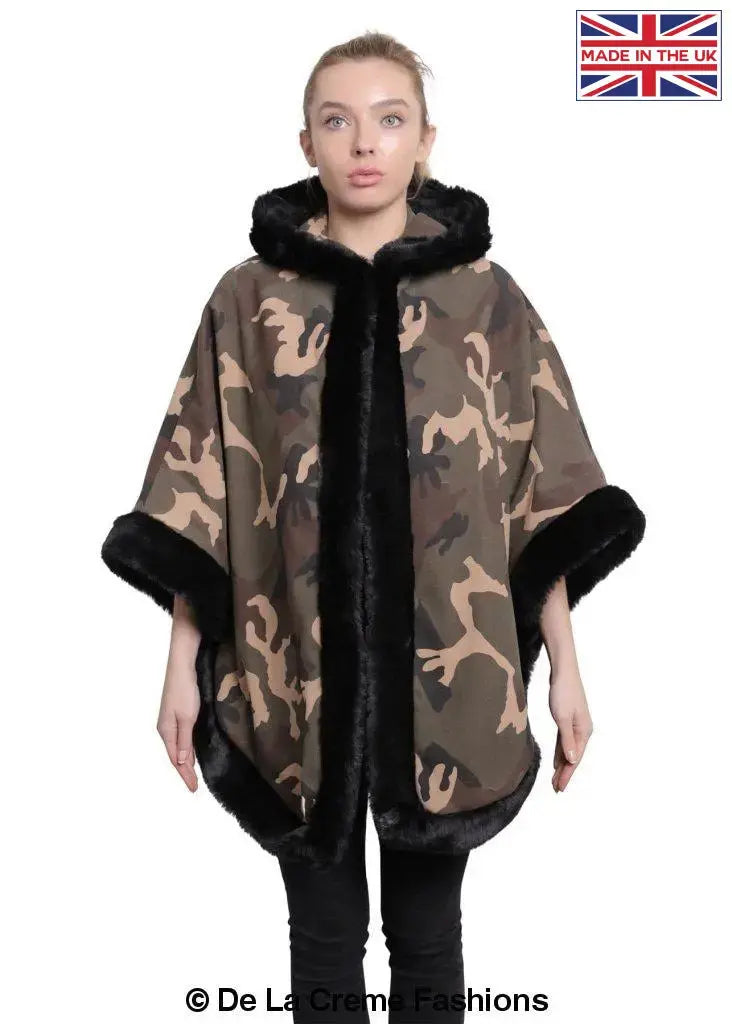 De La Creme - Women's Camo Print Fur Trim Hooded Cape