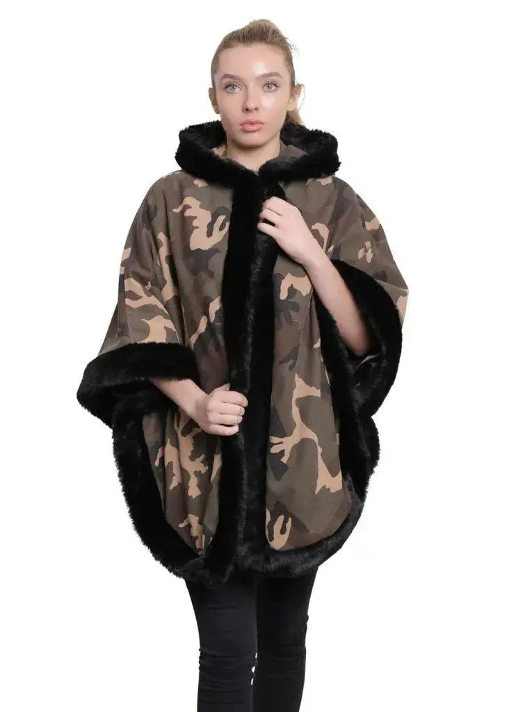 De La Creme Women s Camo Print Fur Trim Hooded Cape