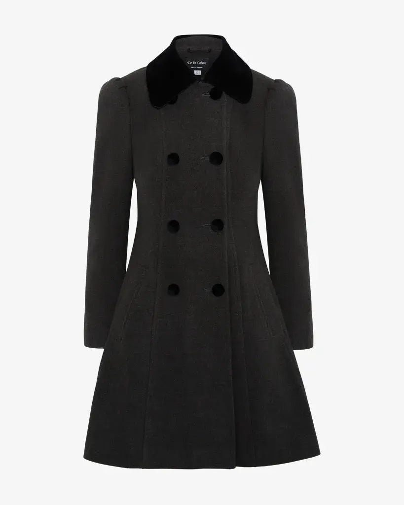 Kate Double Breasted Fit And Flare Velvet Trim Skater Coat