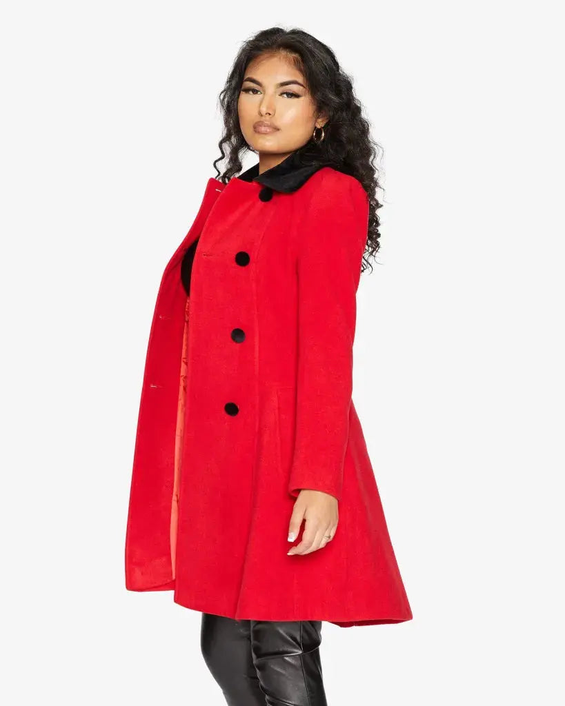 Kate Double Breasted Fit And Flare Velvet Trim Skater Coat