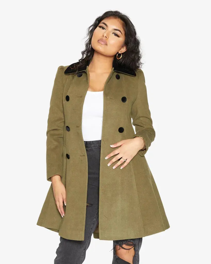 Kate Double Breasted Fit And Flare Velvet Trim Skater Coat