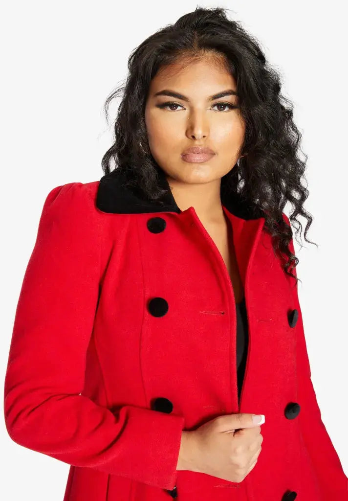 Kate Double Breasted Fit And Flare Velvet Trim Skater Coat