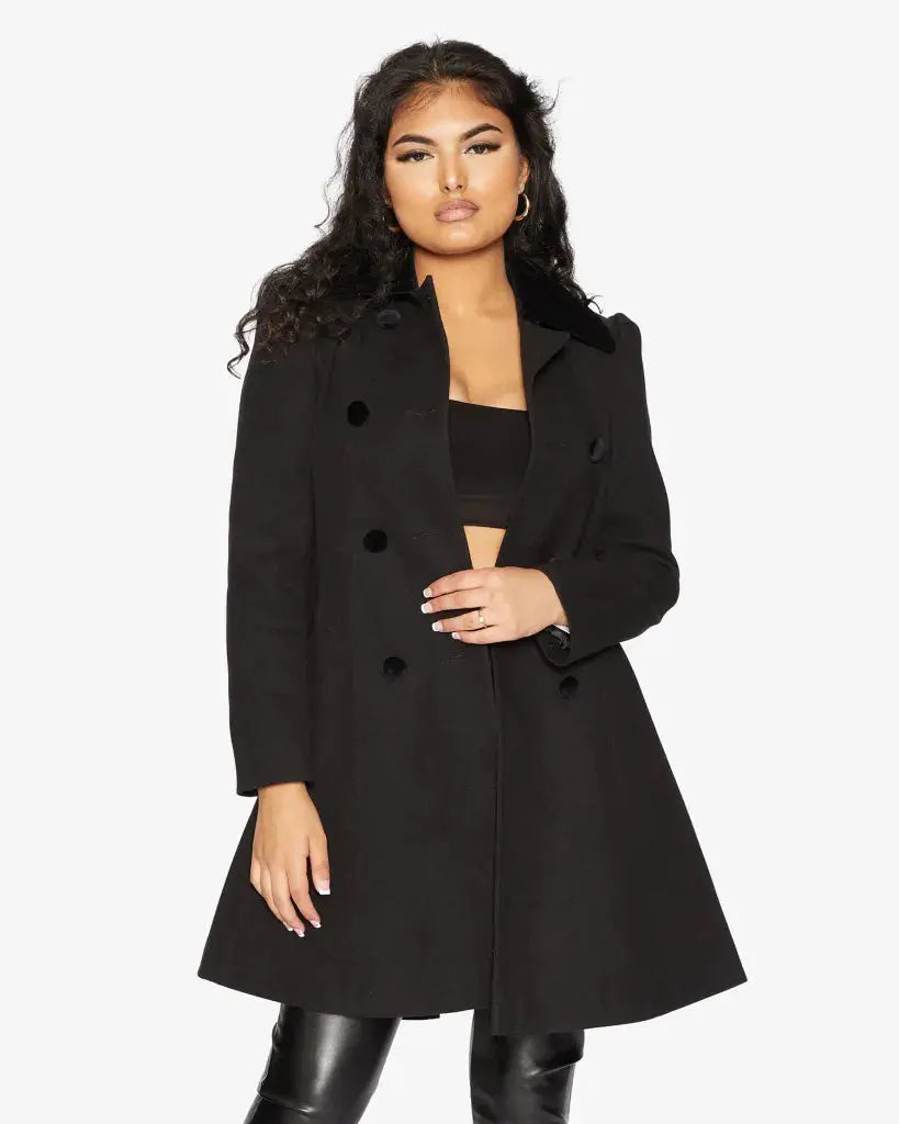 Kate Double Breasted Fit And Flare Velvet Trim Skater Coat