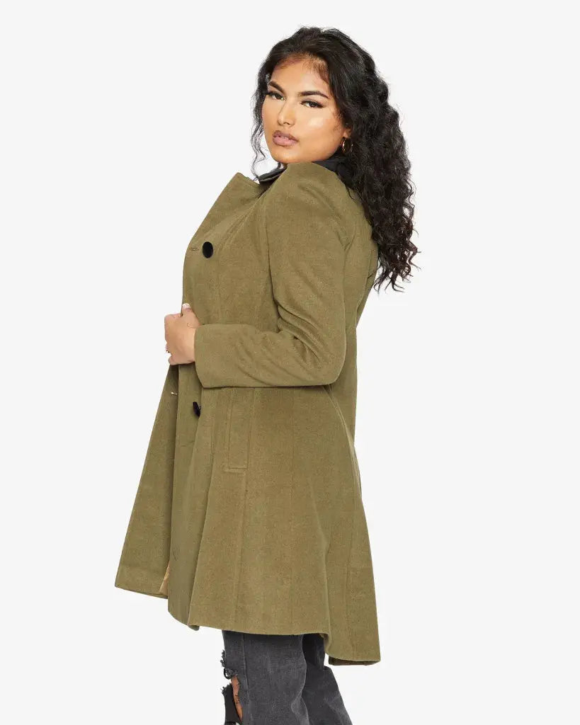 Kate Double Breasted Fit And Flare Velvet Trim Skater Coat