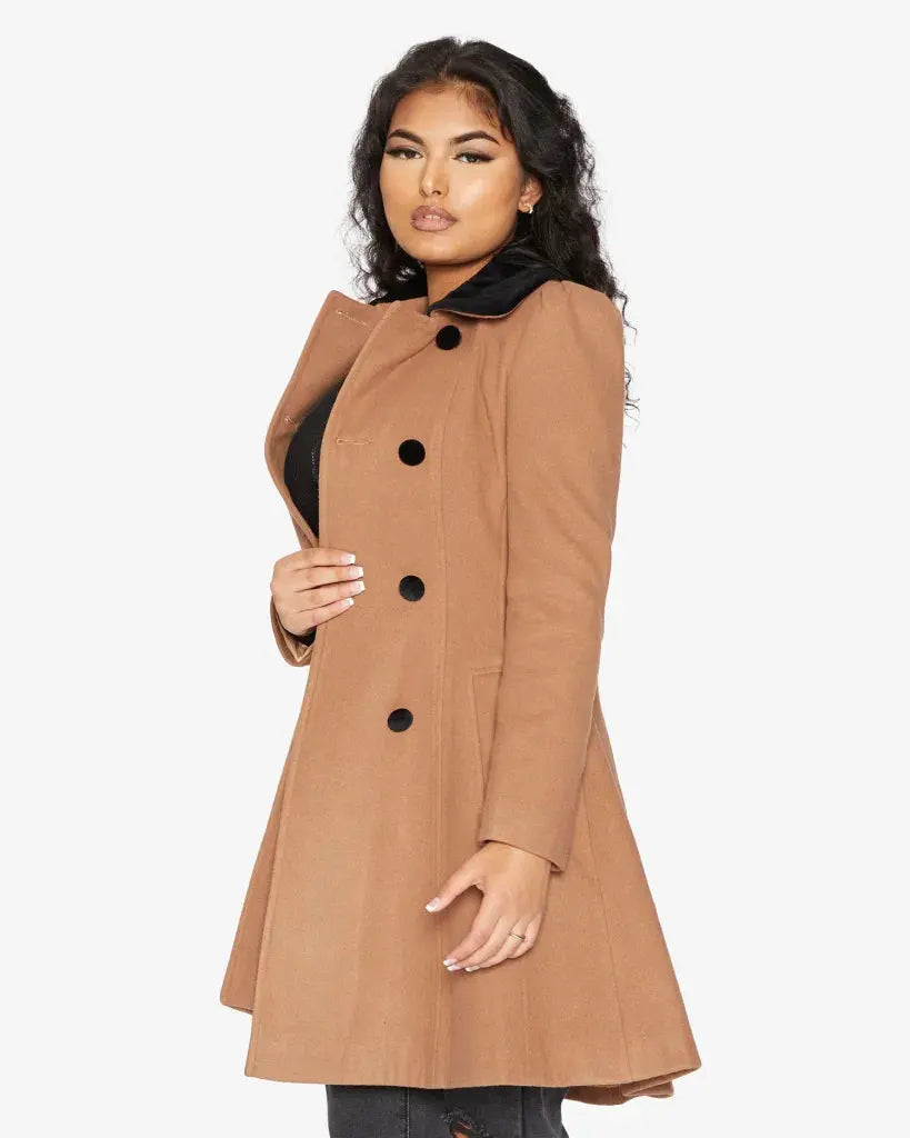 Kate Double Breasted Fit And Flare Velvet Trim Skater Coat