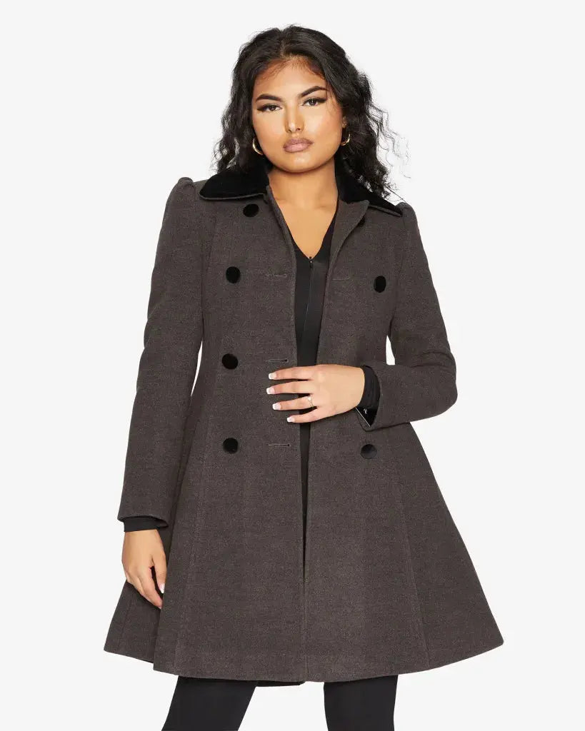 Kate Double Breasted Fit And Flare Velvet Trim Skater Coat