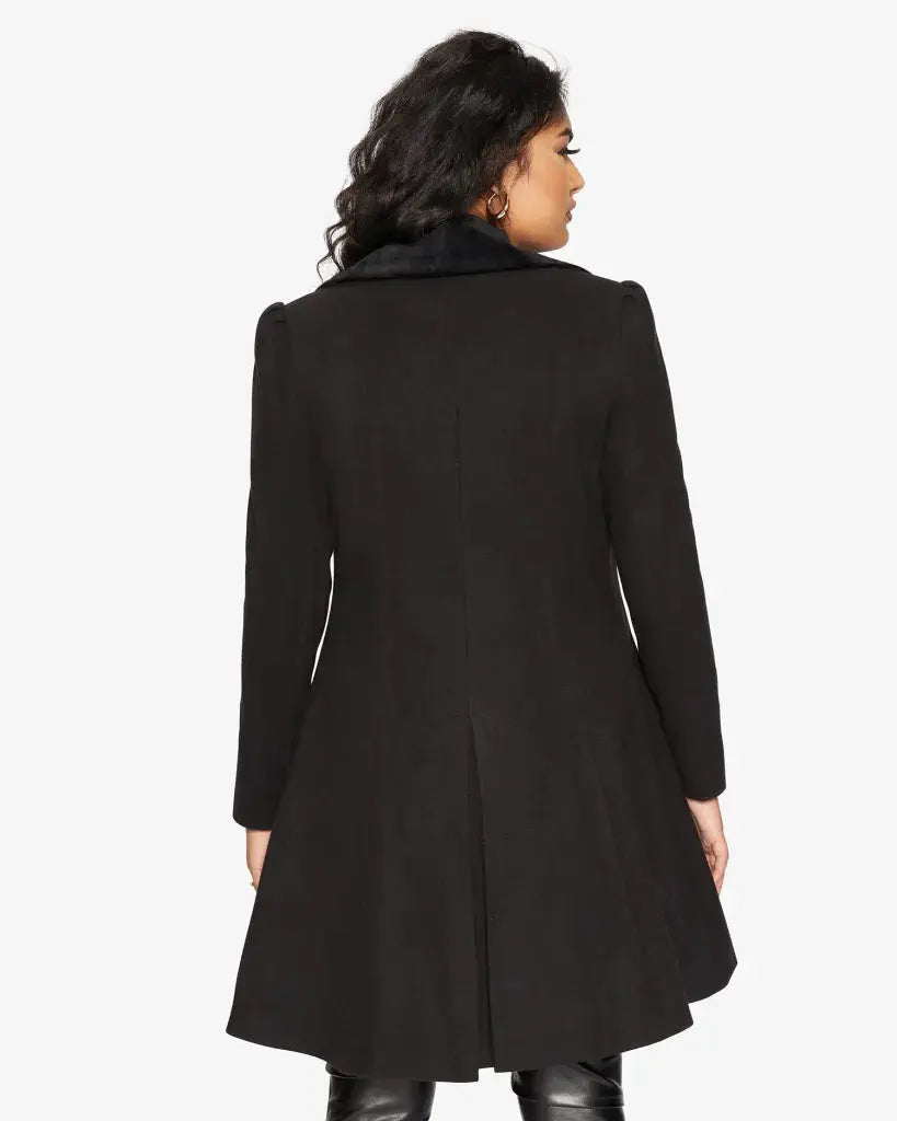 Kate Double Breasted Fit And Flare Velvet Trim Skater Coat