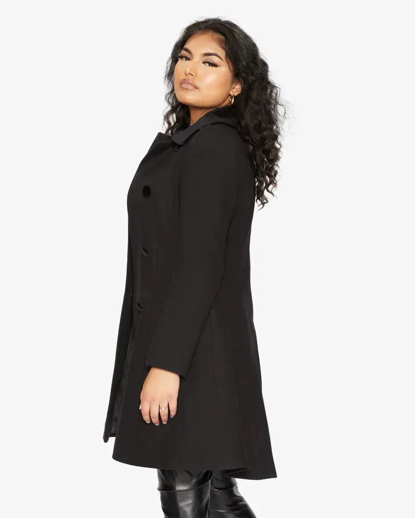 Kate Double Breasted Fit And Flare Velvet Trim Skater Coat