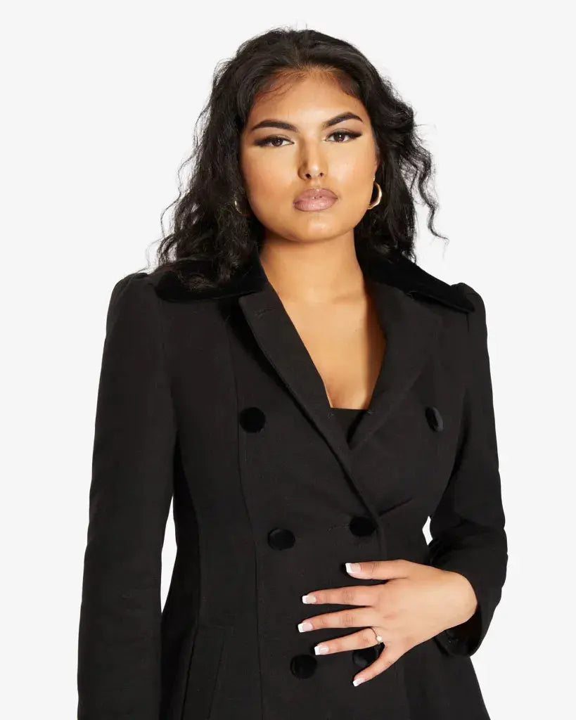Kate Double Breasted Fit And Flare Velvet Trim Skater Coat