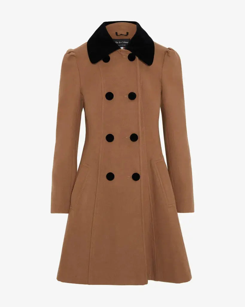 Kate Double Breasted Fit And Flare Velvet Trim Skater Coat