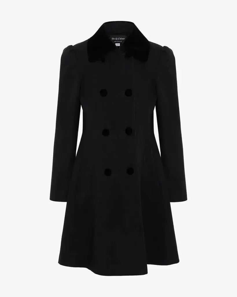 Kate Double Breasted Fit And Flare Velvet Trim Skater Coat