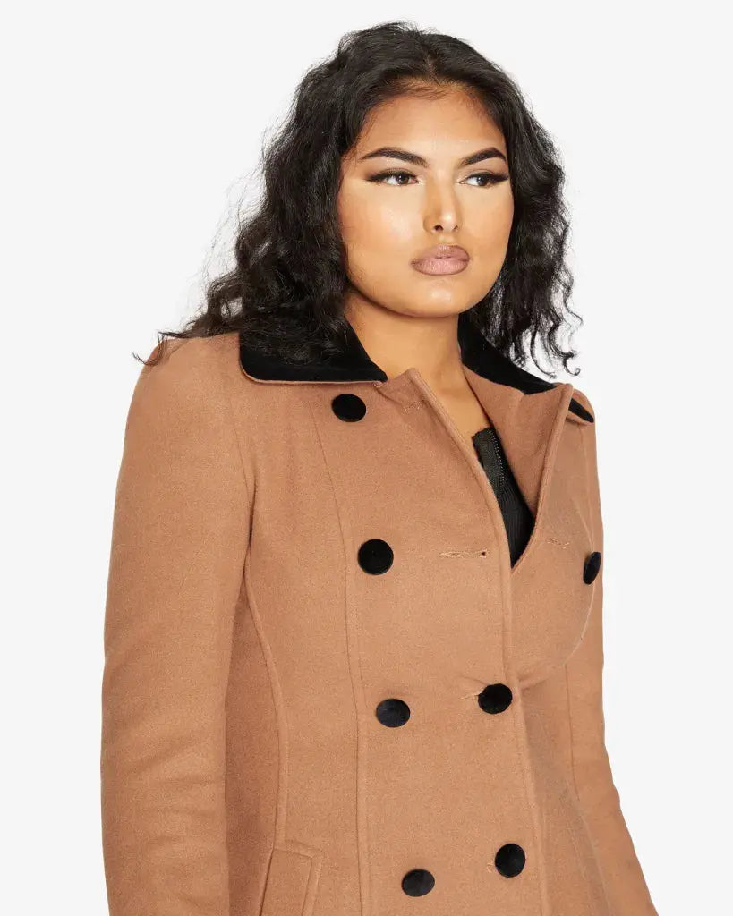 Kate Double Breasted Fit And Flare Velvet Trim Skater Coat