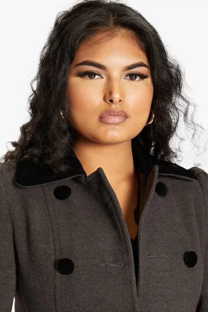 Kate Double Breasted Fit And Flare Velvet Trim Skater Coat