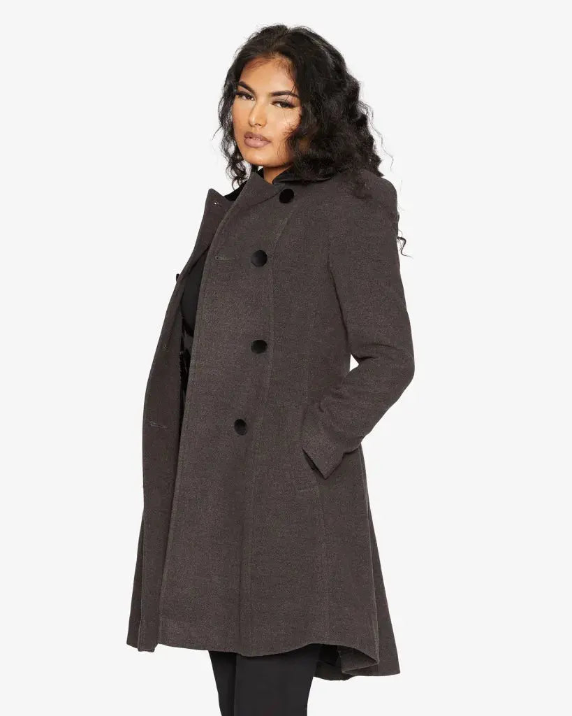 Kate Double Breasted Fit And Flare Velvet Trim Skater Coat