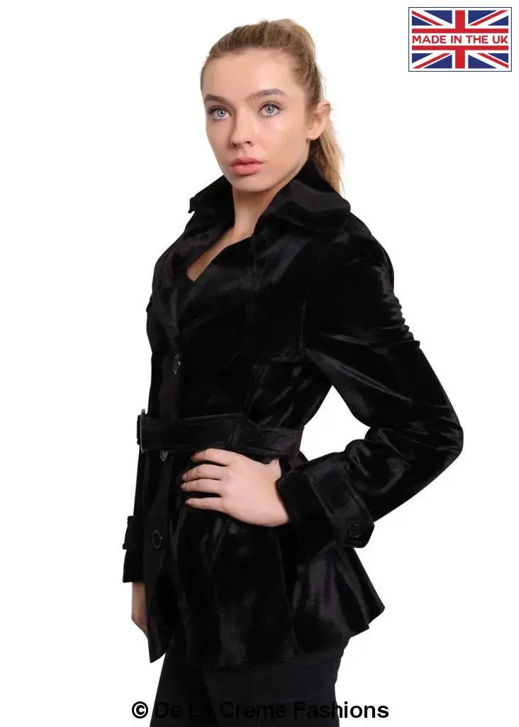 De La Creme - Women's Luxury Black Ponyskin Double Breasted Short Coat