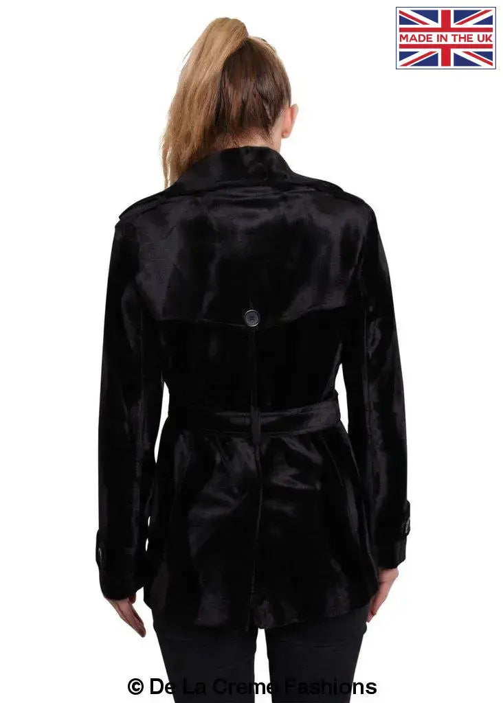 De La Creme - Women's Luxury Black Ponyskin Double Breasted Short Coat