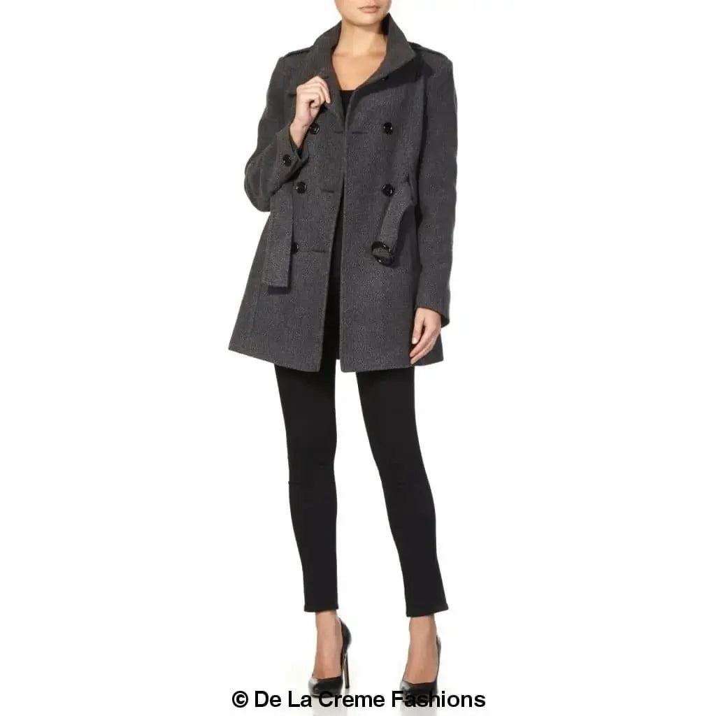 De La Creme - Women's Military Style Herringbone Wool Belted Coat