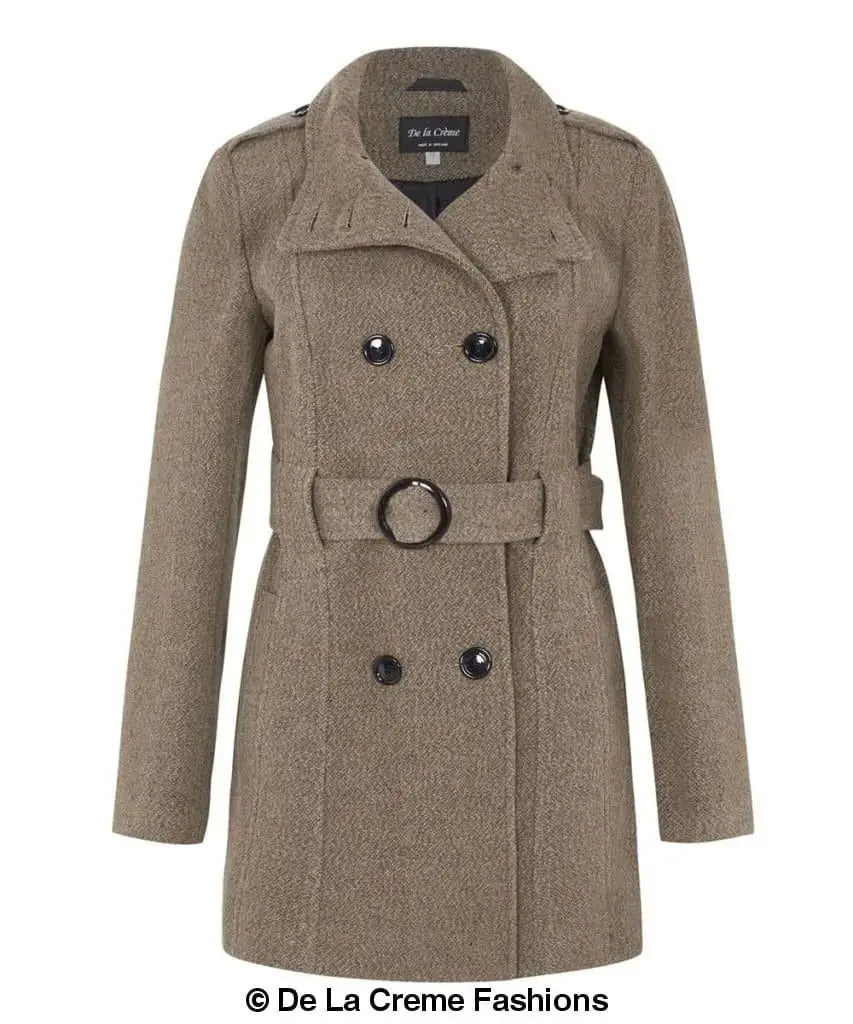 De La Creme - Women's Military Style Herringbone Wool Belted Coat