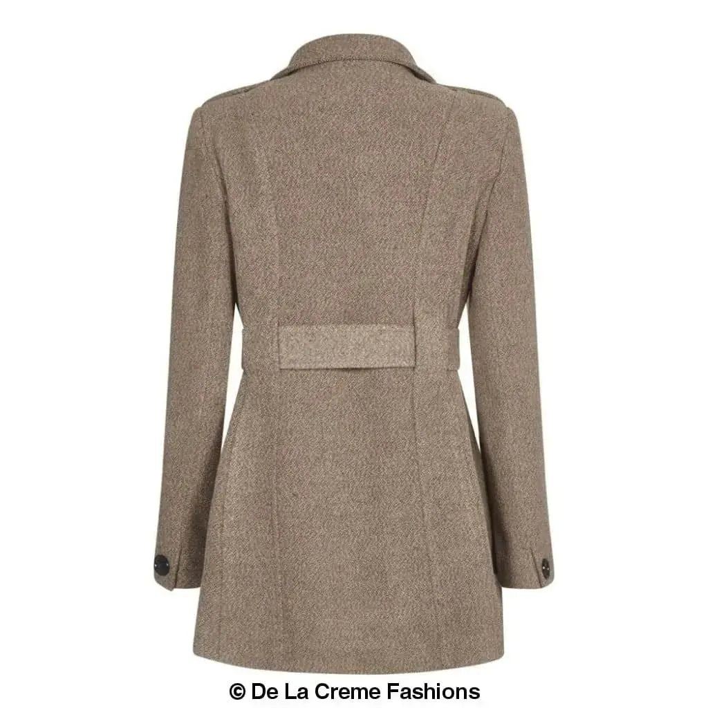 De La Creme - Women's Military Style Herringbone Wool Belted Coat