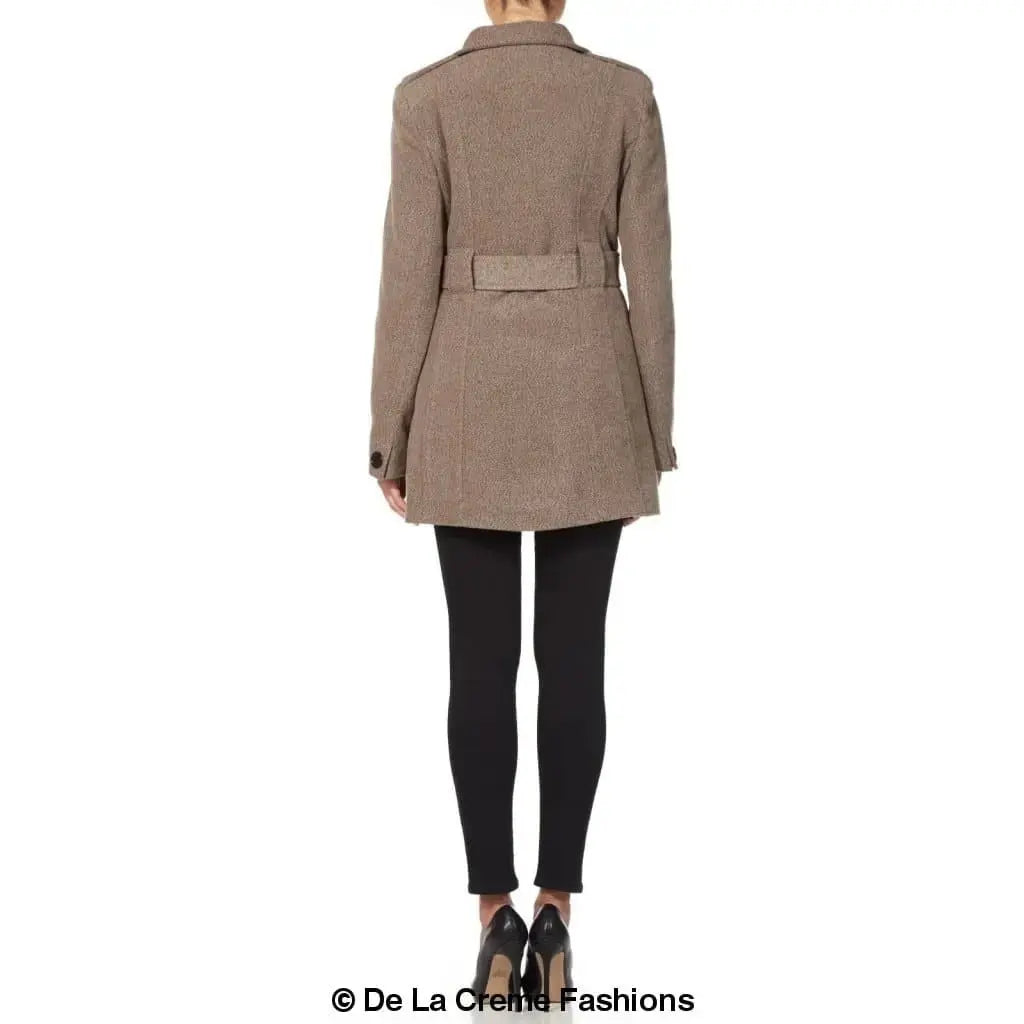 De La Creme - Women's Military Style Herringbone Wool Belted Coat