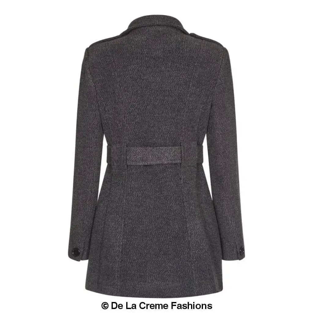 De La Creme - Women's Military Style Herringbone Wool Belted Coat