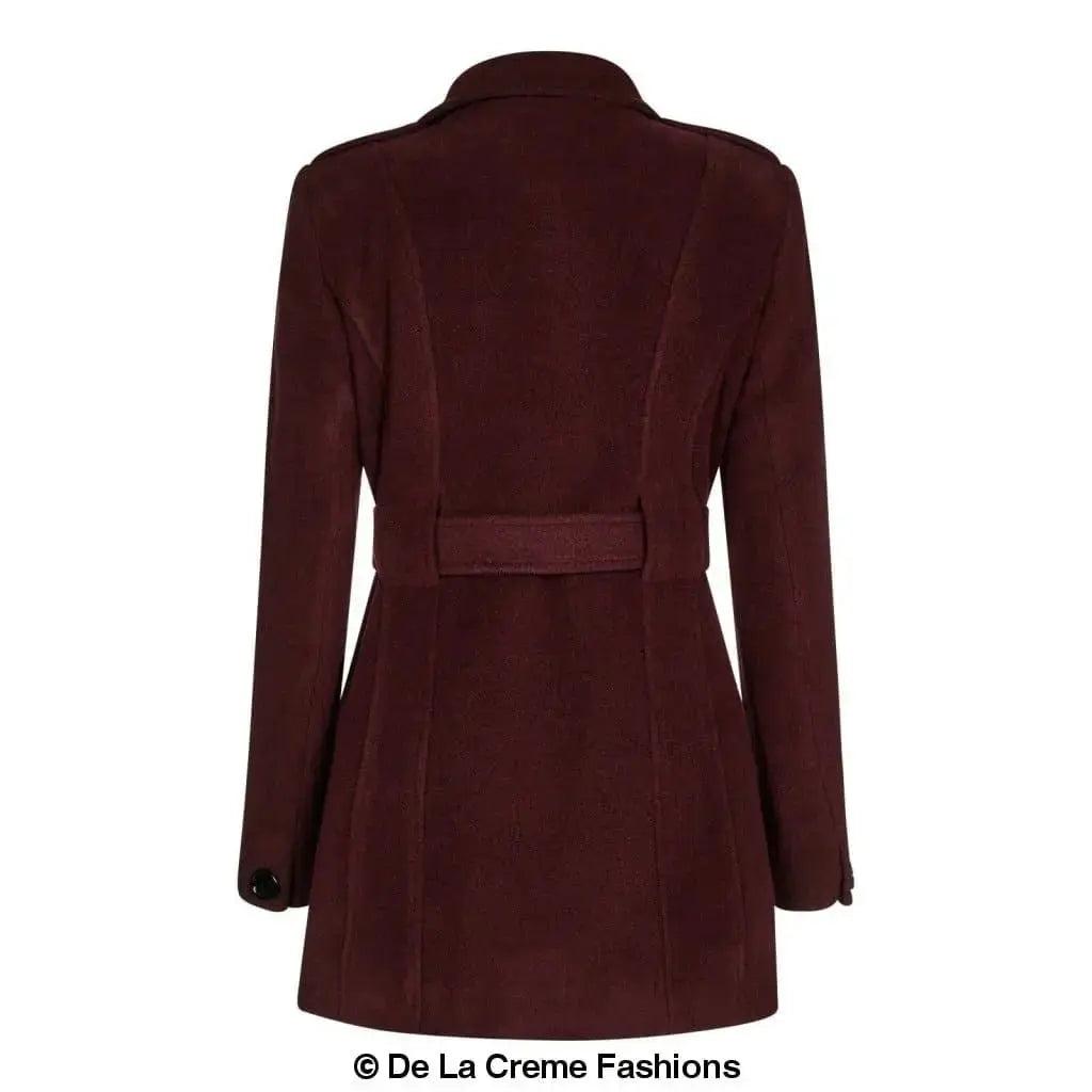 De La Creme - Women's Military Style Herringbone Wool Belted Coat