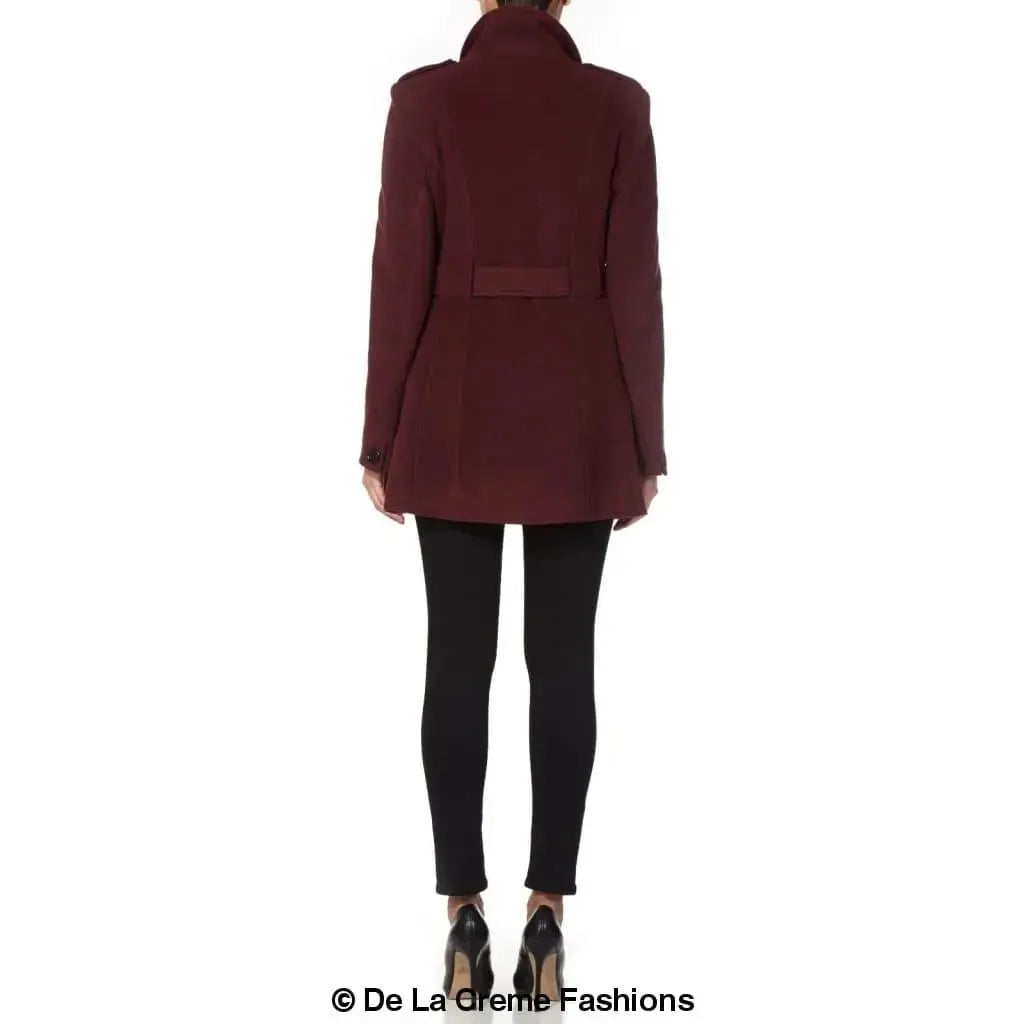 De La Creme - Women's Military Style Herringbone Wool Belted Coat