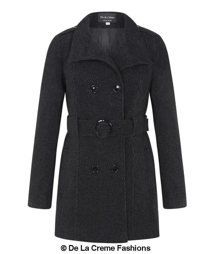 De La Creme - Women's Military Style Herringbone Wool Belted Coat
