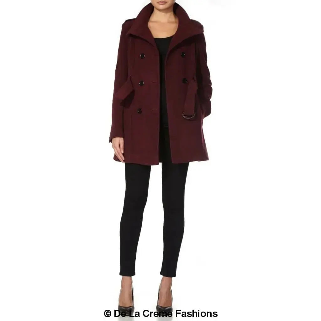 De La Creme - Women's Military Style Herringbone Wool Belted Coat