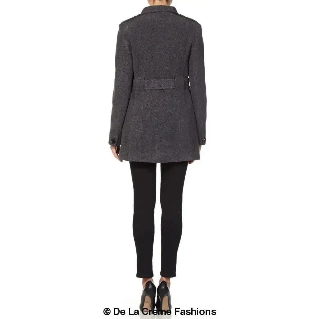 De La Creme - Women's Military Style Herringbone Wool Belted Coat
